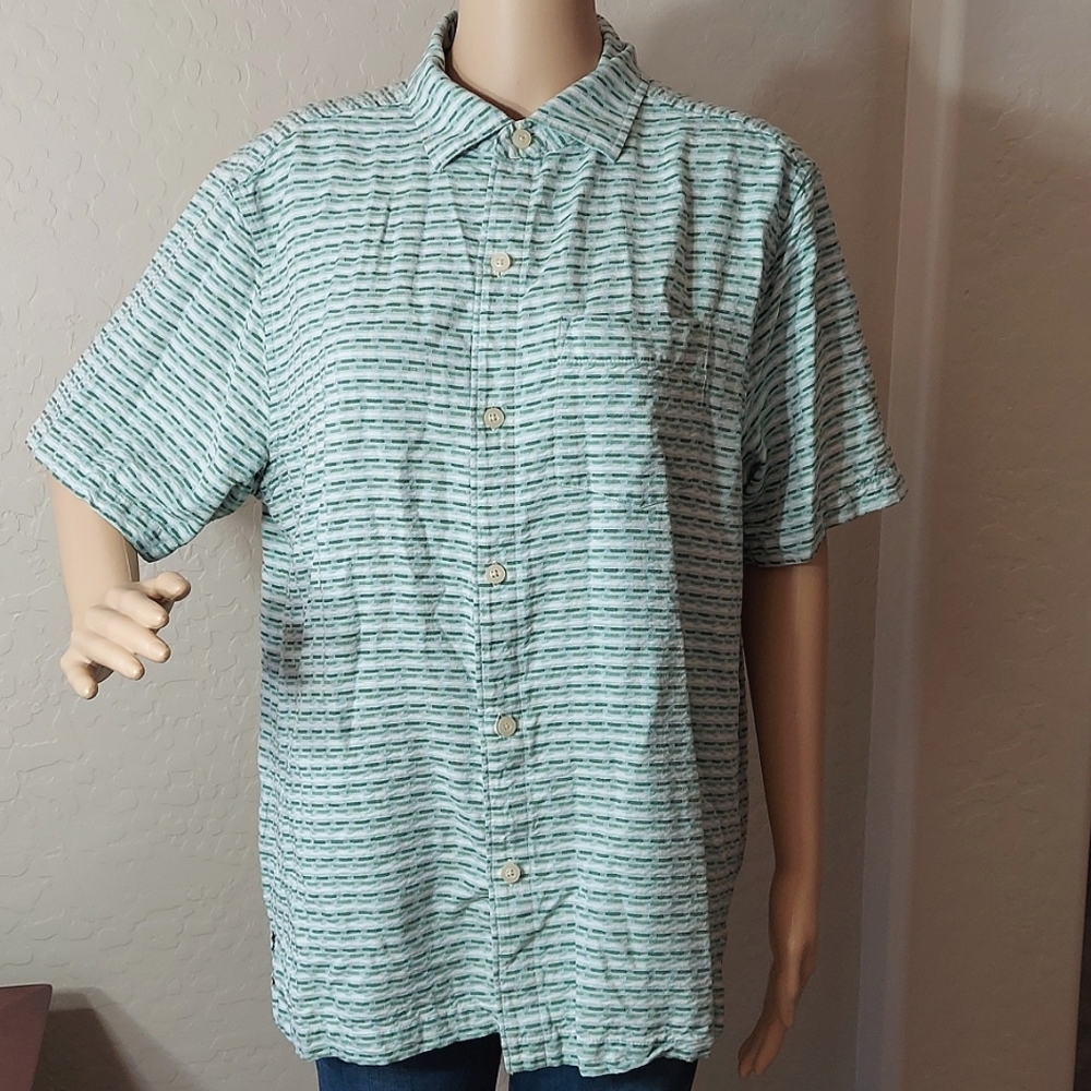 100% Silk Tommy Bahama Mens Medium Short Sleeve Shirt Green/White Pattern